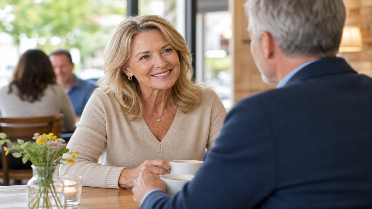 Silver singles over 50 sharing coffee while starting dating after divorce